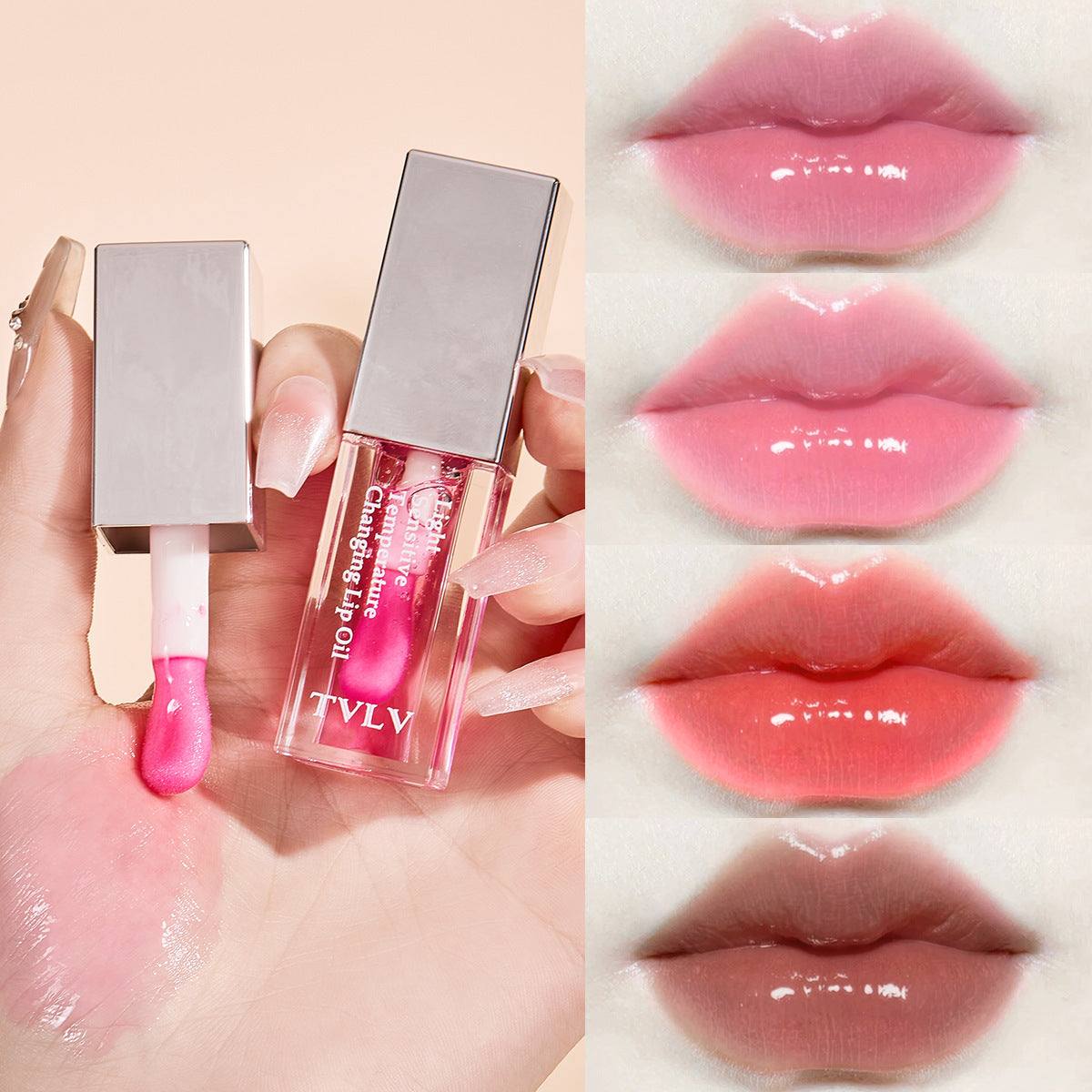 Set of four color changing lip oil glosses with cherry scent and moisturizing care