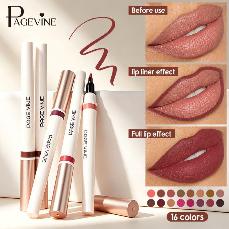 Dual lip liner and gloss product with waterproof, velvet texture and multiple shades
