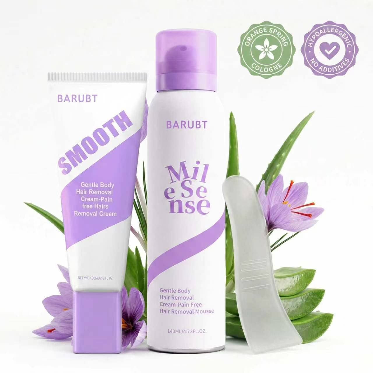 Gentle hair removal cream tube with floral packaging on white background