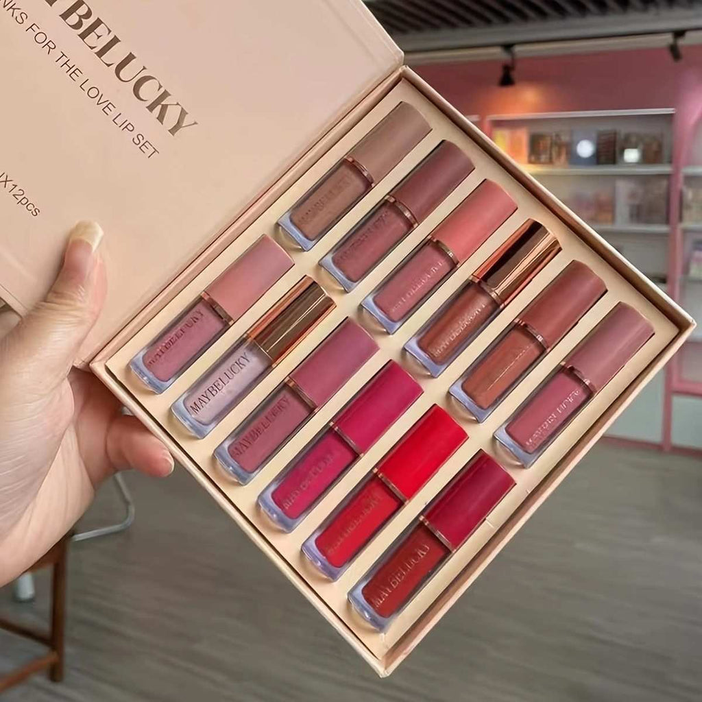 12-piece pearlescent lip gloss set with 12 shimmering shades and moisturizing formula
