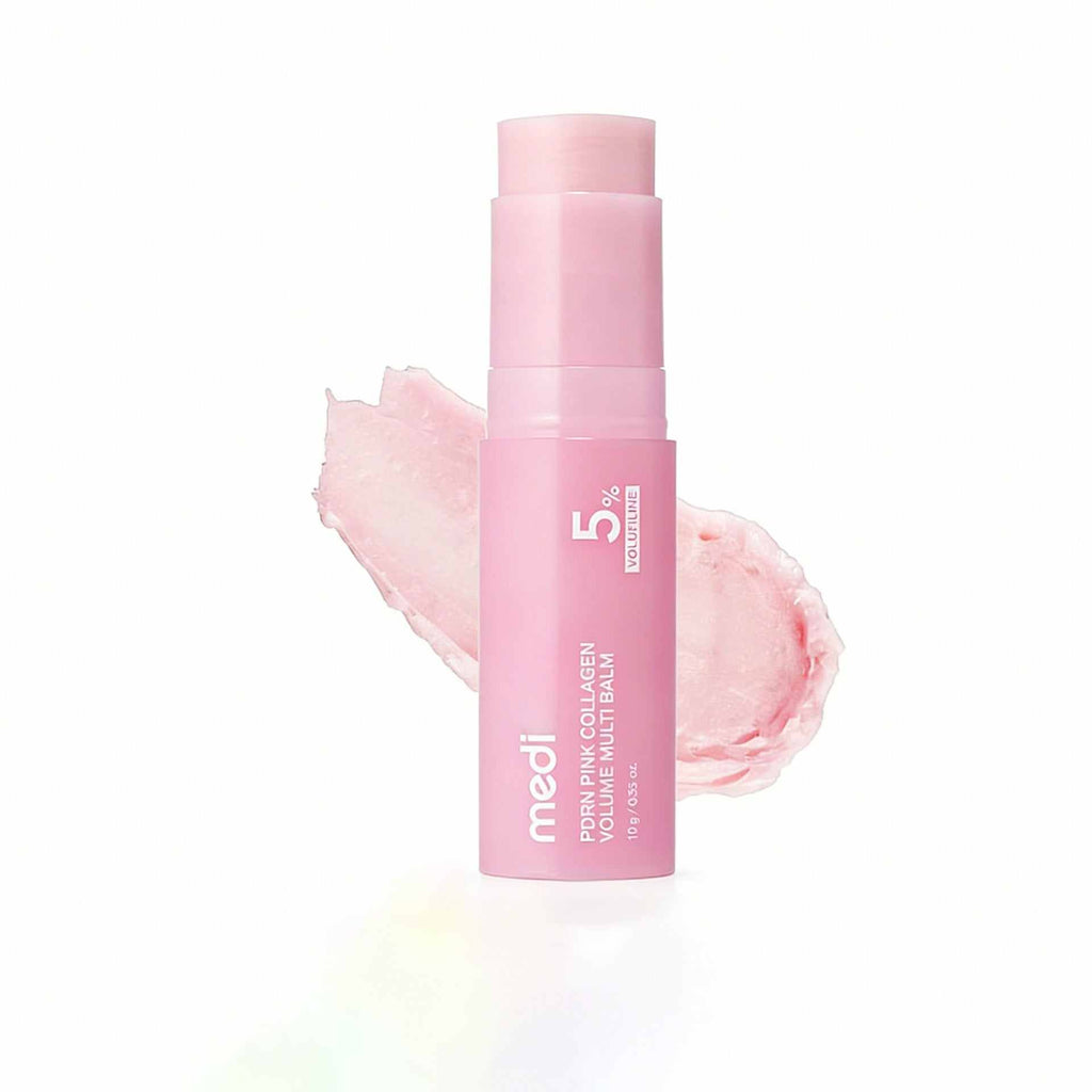 Collagen Plumping Balm Stick tube with floral design and embossed brand logo on white background