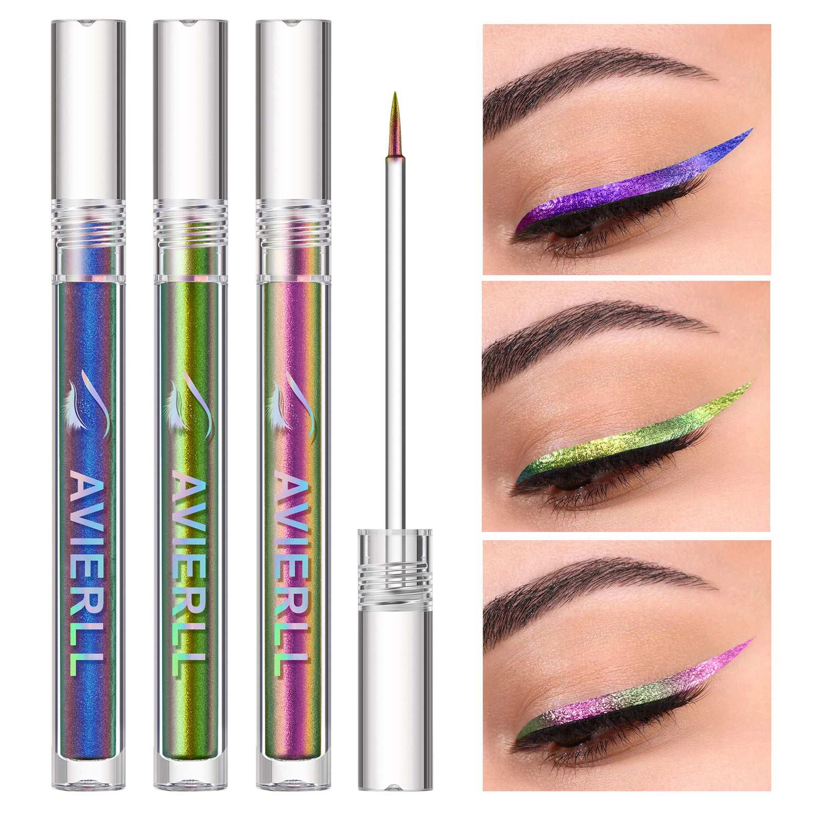 Chameleon liquid eyeliner with waterproof, smudge-proof formula and fine-tip applicator showing color-shifting effect